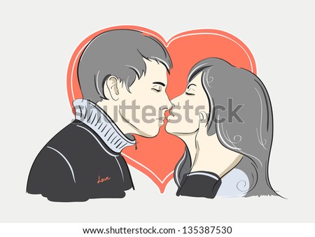 Kissing young couple Modern young man kisses young woman on the heart background