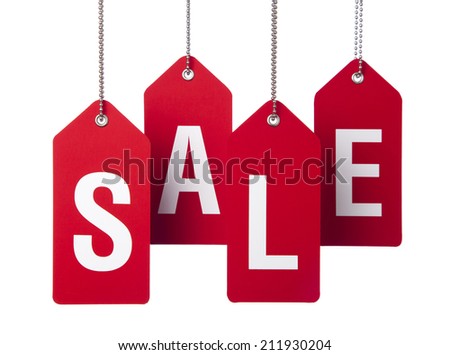 Hanging red tags with sale written text on the white background
