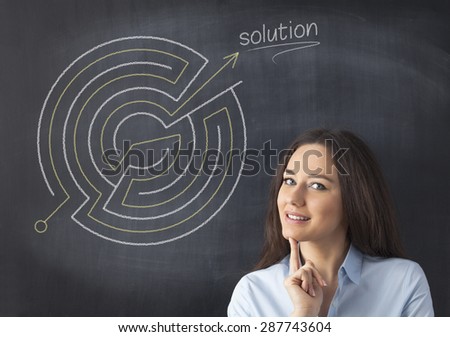 Businesswoman solving the problem on the blackboard