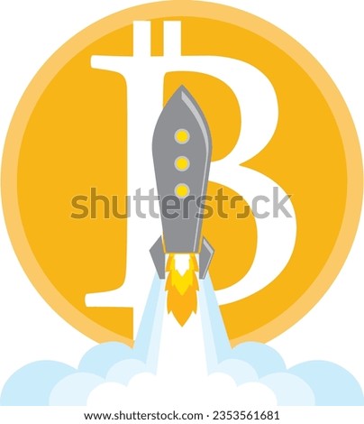 colorful and playful rocket with fire at the bottom launch to the moon with cryptocurrency bitcoin. good for trading,news,crypto,investment,bank,investor