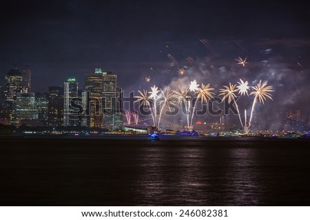 NEW YORK - JULY 4, 2014 : Macy\'s Fireworks as seen from Liberty State Park,Jersey City,NJ,USA.