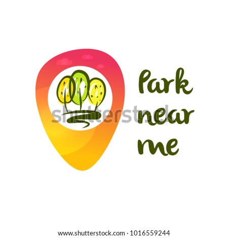 Point map check location in navigation. Template logo to find tree park in city. Concept near me. Geolocation pin with badge inside. 
