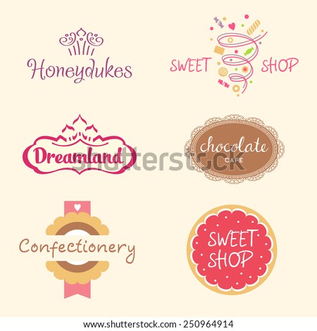 Set of logo templates for confectionery, bakery. Candy store. Candy and cookies. Bright, festive style.