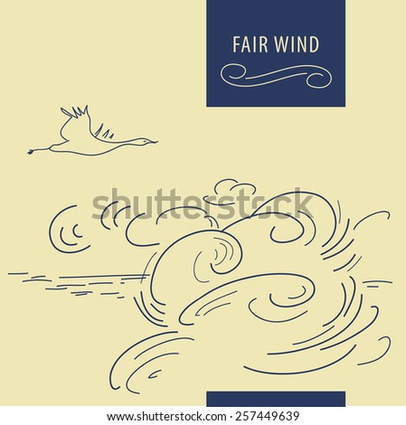 Vector background with the image of a bird in the sky. Travel company. Postcard traveler.Vintage wallpaper, flying bird, waves, clouds, sea
