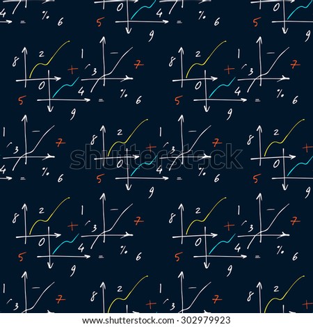 Seamless pattern with elements of geometry and mathematics. Cover for school supplies. Graphs and figures painted by hand on a dark background.