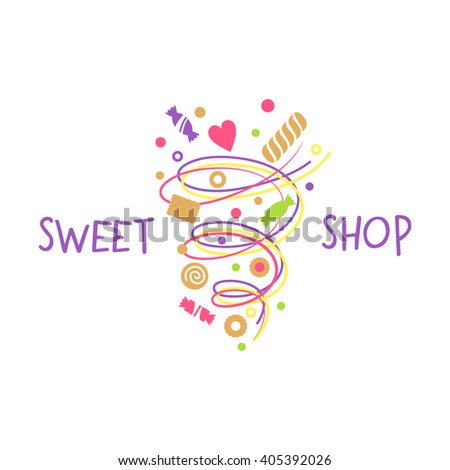 Logo template for confectionery, bakery. Candy store. Candy and cookies. Bright, festive style.Sweet shop.