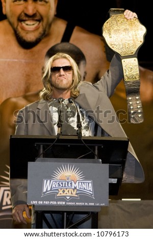 WWE World Champion Edge at the Wrestlemania Press Conference in New York\'s Hard Rock Cafe on March 26, 2008.