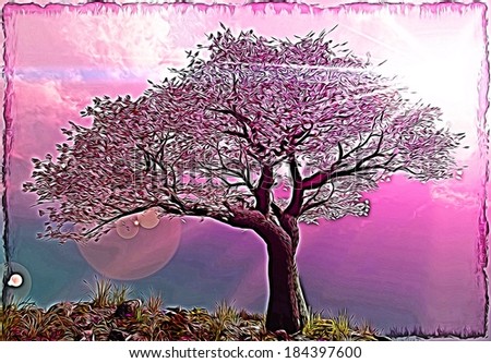 A light line illustration of a Sakura (Cherry Blossom) tree. Japan.