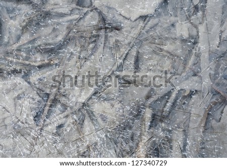 Beautiful crystal pattern of the ice above dry leaves