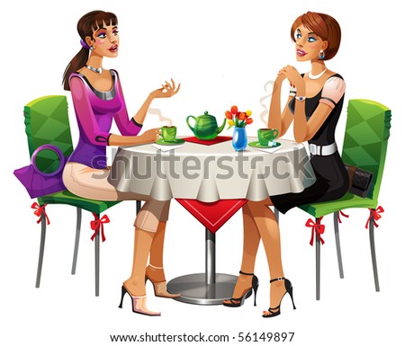 Two Pretty Young Women Are Sitting On The Green Chairs At The Table In ...