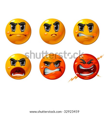 Six agressive smileys - vector set of unhappy and anger faces.