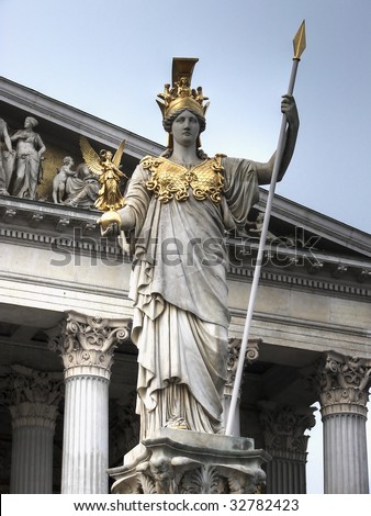The Pallas Athene Fountain was build in front of the main portal of Vienna\'s Parliament Buildings in 1902. The 4m figure of Pallas Athene armed with a lance is the work of Kundmann.
