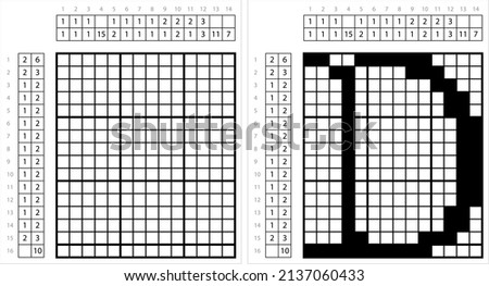 Alphabet D Nonogram Pixel Art, Character D, Language Letter Graphemes Symbol Vector Art Illustration, Logic Puzzle Game Griddlers, Pic-A-Pix, Picture Paint By Numbers, Picross