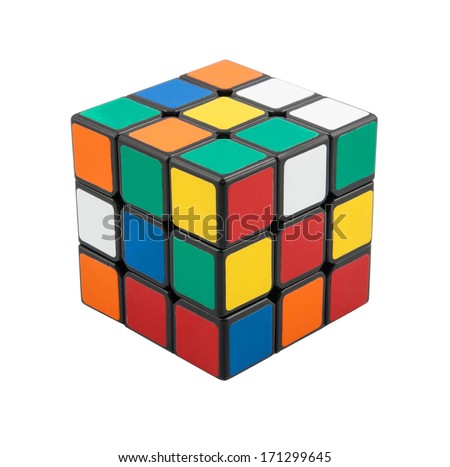 KRAGUJEVAC, SERBIA - JANUARY 14, 2014: Rubik\'s cube on the white background. Rubik\'s Cube on a white background. Rubik\'s Cube invented by a Hungarian architect Erno Rubik in 1974.