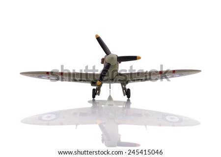 Belgrade, SERBIA - January 18, 2015: Spitfire Mk Vb 1/72 scale model by Amercom on white background.Spitfire is a famous British fighter aircraft. Amercom is publisher and die-cast model manufacturer.