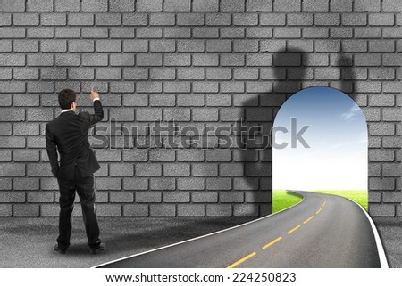 businessman looking at opened door and road,business solutions concept ,Open opportunity business concept