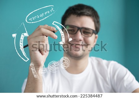 business man writing idea concept ,Portrait of a handsome young man writing on glass board