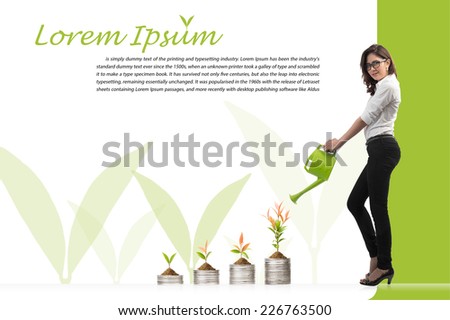Image of business woman watering money, a silver coin to a tree growing from pile of coins / csr / green business / business ethics / good governance