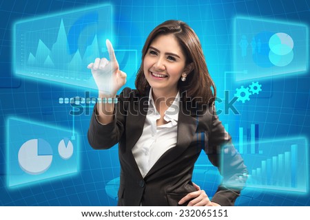 picture of attractive businesswoman touching virtual screen - business concept