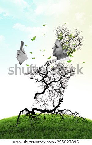 Double exposure portrait of Business man using digital tablet with trees and branch on sky clouds background