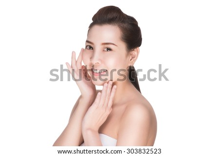 Beautiful woman cares for the skin face, Attractive asian woman Touching her Face, Perfect Fresh Skin, Pure Beauty Model. Youth and Skin Care Concept, , isolated on white with clipping path.