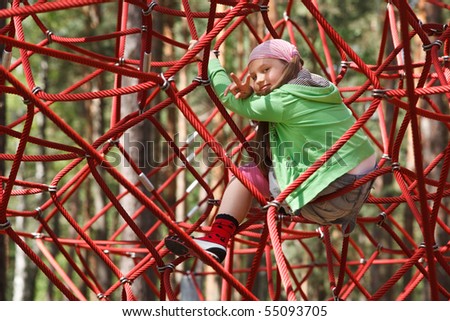 Little girl playing on jungle gym ropes