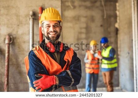 Similar – Image, Stock Photo Builder at work with wooden roof construction.