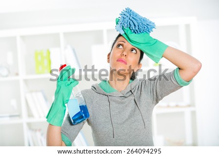 Woman with sprayer and duster in her hand
