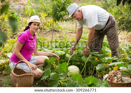 Younger woman and older man working in the garden