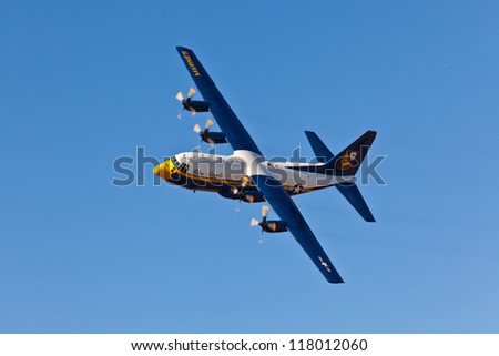 VIRGINIA BEACH - MAY 21:US Navy Blue Angels nickname Fat Albert Hercules C130 performing demo on May 21, 2012 in Virginia Beach \