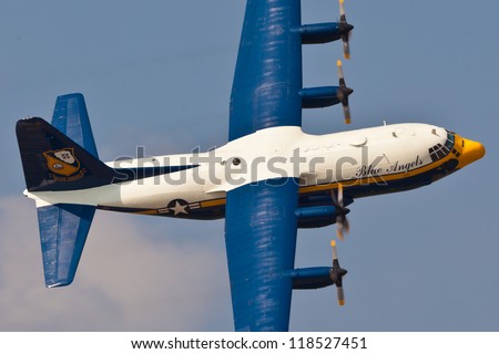 VIRGINIA BEACH - MAY 9:US Navy Blue Angels nickname Fat Albert Hercules C130 performing demo on May 9, 1012 in Virginia Beach \