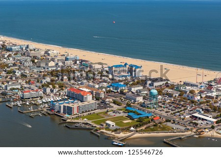OCEAN CITY - SEPTEMBER 8: Aerial view of Ocean City Maryland on September 8 2012 Ocean City MD is one of the most popular beach resorts on the East Coast and considered one of the cleanest in country
