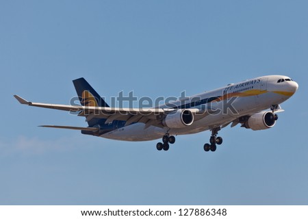 NEW YORK - DECEMBER 9:Boeing 767 Jet Airways climbs after take off from JFK Airport in New York on December 9, 2012. The 767 flies across the Atlantic more frequently than all other jetliners combined