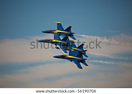 WASHINGTON DC, ANDREWS AFB-MAY 15: US Navy Demonstration Squadron Blue angels, flying on Boeing F/A-18 showing precision of flying and the highest level of pilot skills May 15, 2010 in Washington DC.