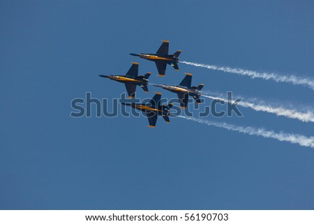 WASHINGTON DC, ANDREWS AFB-MAY 15: US Navy Demonstration Squadron Blue angels, flying on Boeing F/A-18 showing precision of flying and the highest level of pilot skills May 15, 2010 in Washington DC.
