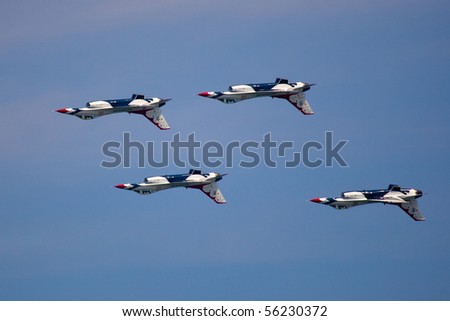 OCEAN CITY, MD - JUNE 15: US Air Force Demonstration Team Thunderbirds. Flying on f-16 showing precision of formation flying during the annual OC Air Show in Ocean City, Maryland on June 15, 2010