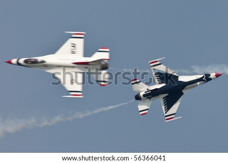 OCEAN CITY, MD - JUNE 15: US Air Force Demonstration Team Thunderbirds. Flying on f-16 showing precision of formation flying during the annual OC Air Show on June 15, 2010 in Ocean City, Maryland.
