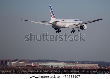 NEW YORK - MARCH 6: Airbus A330 Air France landing on JFK in New York, USA on March 6, 2011. Air France is one of the biggest airlines in Europe and rated top10 best airlines in the world as of 2011