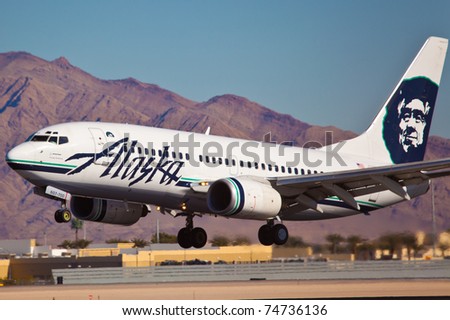 LAS VEGAS - NOVEMBER 15:Boeing 767 Alaska Airline touching down on McCarran in Las Vegas, USA on November 15, 2010 Alaska\'s route system spans more than 92 cities in United States, Canada, and Mexico