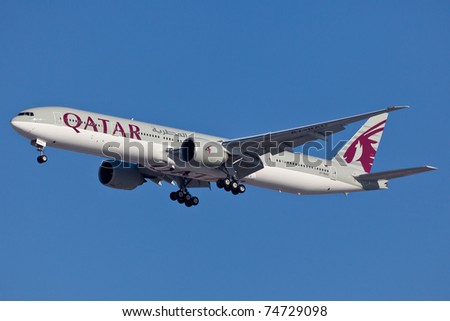NEW YORK - MARCH 6: Qatar Boeing 767 on final to JFK in New York, USA on March 6, 2011. Qatart is rated top 3 best airlines in the world. Is also rated the as a \
