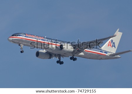 NEW YORK - JANUARY 16:Boeing 757 American Airline approaching JFK in New York, USA on January 16, 2011. American Airline is on of the oldest american airlines and one of the biggest in the world