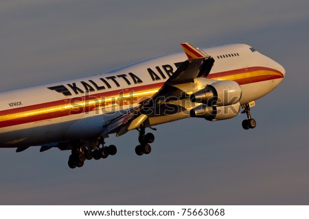NEW YORK - MARCH 8: Boeing 747 Kalitta approaches JFK in New York, USA on March 8, 2011. Kalitta provides domestic and international scheduled cargo service and support for US Department of Defense