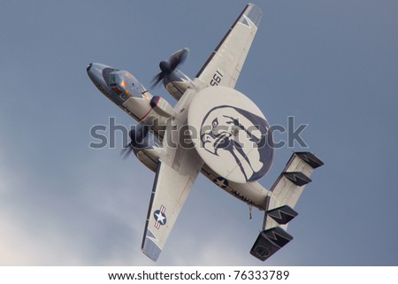 VIRGINIA BEACH, USA - MARCH 4:E-2 Hawkeye performing demo during the NAS Oceana Airshow in Virginia Beach, USA on March 4, 2011 E-2 is tactical airborne early warning aircraft and is used by US Navy