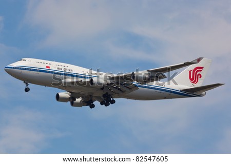 NEW YORK - MAY 25: A Boeing 747-400 China Air approaches JFK airport located in New York, USA on May 25, 2011. The B747 called Jumbo Jet is most popular plane used in cargo and passenger transport