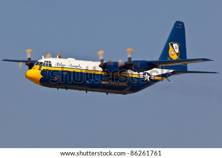 VIRGINIA BEACH  - MAY 4:US Navy Blue Angels nickname Fat Albert Hercules C130 performing demo on  May 4, 2011 in Virginia Beach \