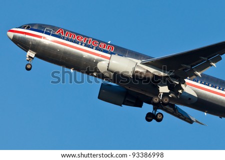 NEW YORK - JANUARY 16: a Boeing 767 American Airline approaches JFK in New York, USA on January 16, 2012. American Airline is on of the oldest American airlines and one of the biggest in the world