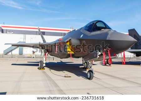 LAS VEGAS -NOVEMBER 9: F-35 Lightning II fighter on static display at Aviation Nation at Nellis AFB on November 9,2014 in Las Vegas,NV. It is the world\'s most advanced multi-role fighter.