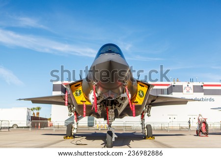 LAS VEGAS - NOVEMBER 9: F-35 Lightning II fighter on static display at Aviation Nation at Nellis AFB on November 9,2014 in Las Vegas,NV. It is the worldÃ¢Â?Â?s most advanced multi-role fighter.