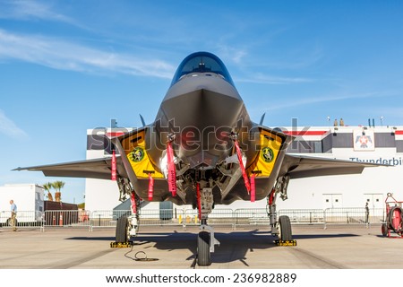 LAS VEGAS - NOVEMBER 9: F-35 Lightning II fighter on static display at Aviation Nation at Nellis AFB on November 9,2014 in Las Vegas,NV. It is the worldÃ¢Â?Â?s most advanced multi-role fighter.