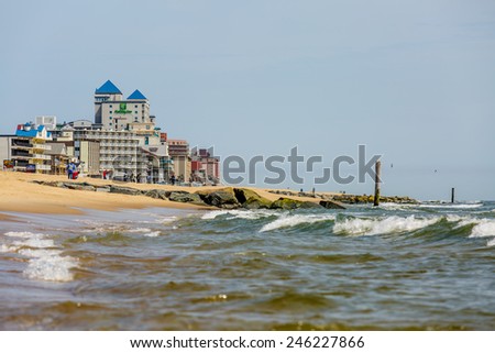 OCEAN CITY - MAY 24: View of the seashore and beachfront hotels in Ocean City, MD on May 24, 2014. Ocean City, MD is a popular beach resort on the East Coast and it is one of the cleanest in the USA.
